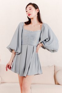 Petrine Pleat Sleeved Romper Dress in Pastel Blue Petrine Pleat Sleeved Romper Dress in Pastel Blue