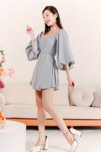 Petrine Pleat Sleeved Romper Dress in Pastel Blue Petrine Pleat Sleeved Romper Dress in Pastel Blue