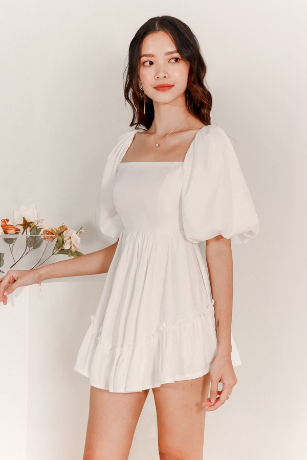 DEFECT | Pace Puffy Sleeve Romper Dress in White in XS