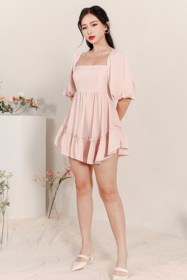DEFECT | Pace Puffy Sleeve Romper Dress in Pastel Pink in XS