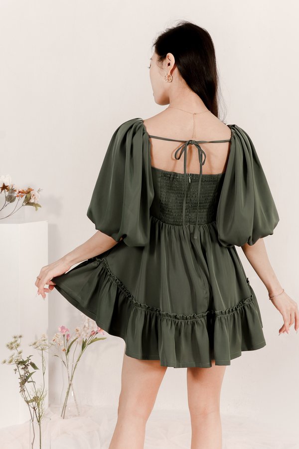 Pace Puffy Sleeve Romper Dress in Muted Forest