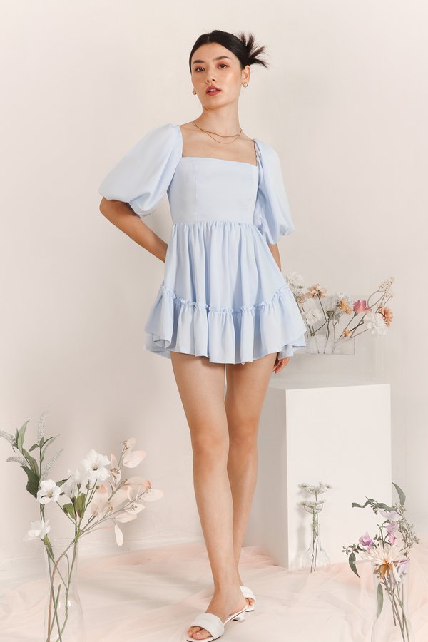 DEFECT | Pace Puffy Sleeve Romper Dress in Pastel Blue in XXS