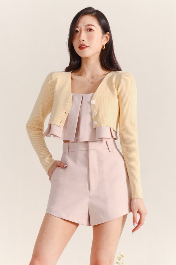 Reina Ribbed Knit Cardigan in Pale Yellow