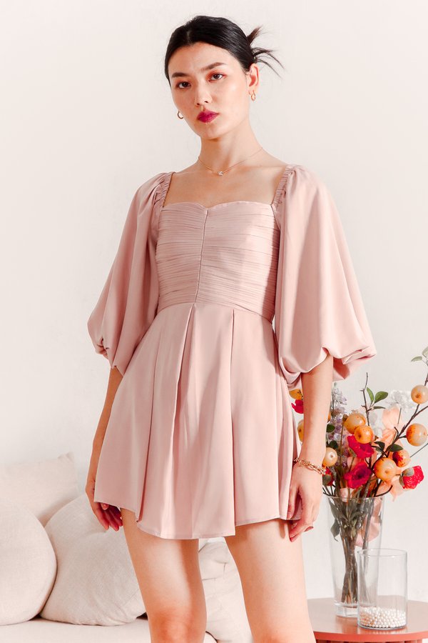 Petrine Pleat Sleeved Romper Dress in Pastel Pink