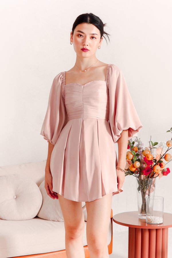 DEFECT | Petrine Pleat Sleeved Romper Dress in Pastel Pink in M