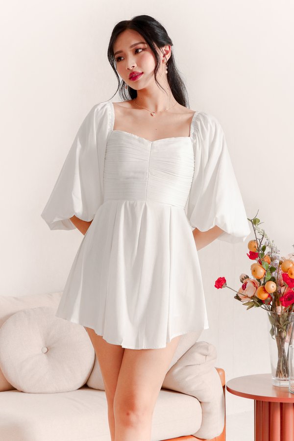 Petrine Pleat Sleeved Romper Dress in White