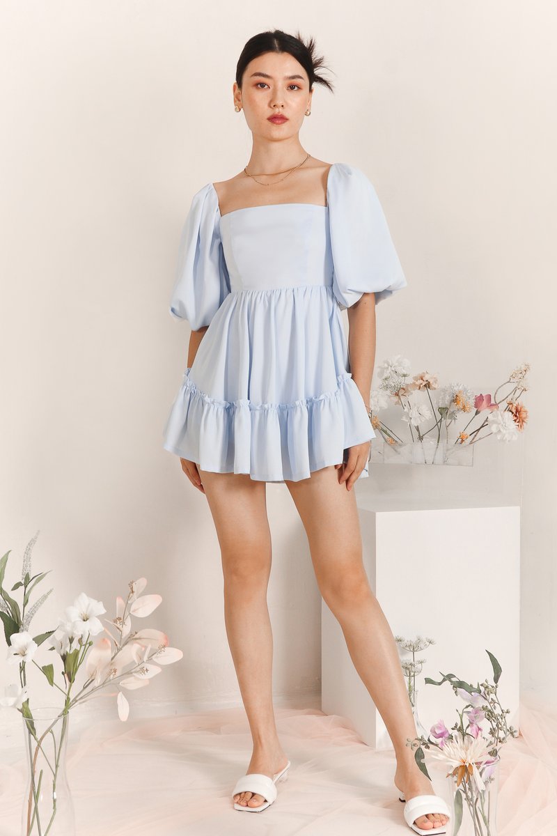 DEFECT | Pace Puffy Sleeve Romper Dress in Pastel Blue in XXS