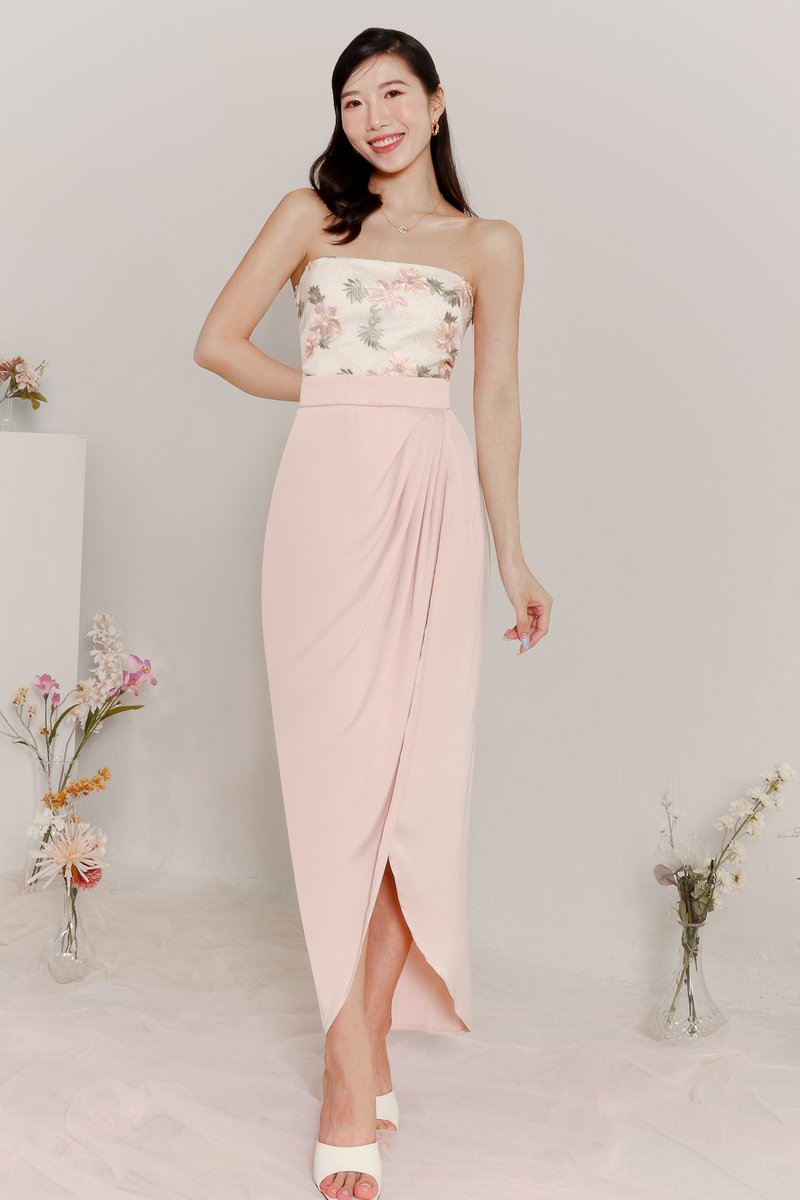 Deliana Drape Satin Midi in Pastel Pink