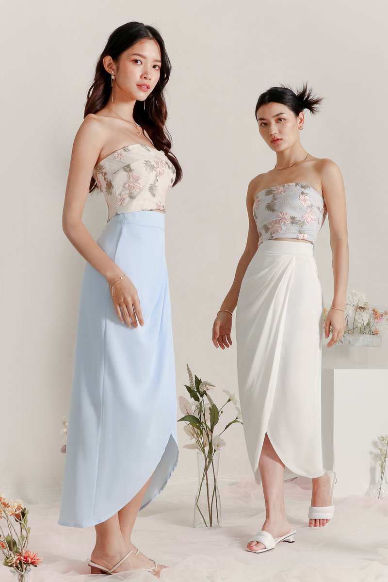 DEFECT | Deliana Drape Satin Midi in Pastel Blue in S