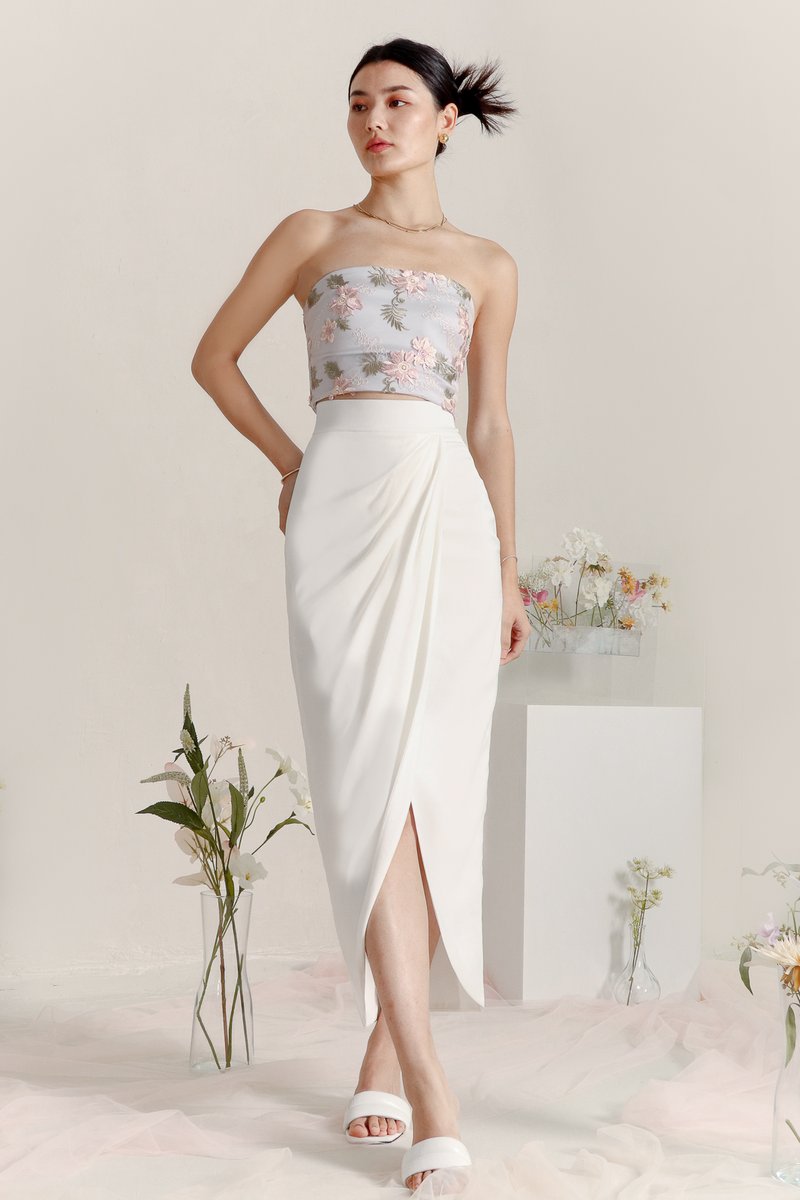 DEFECT | Deliana Drape Satin Midi in White in XS