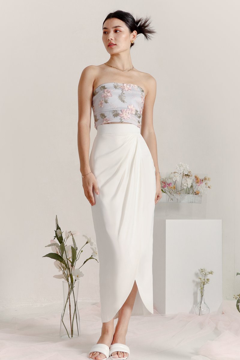 DEFECT | Deliana Drape Satin Midi in White in XS