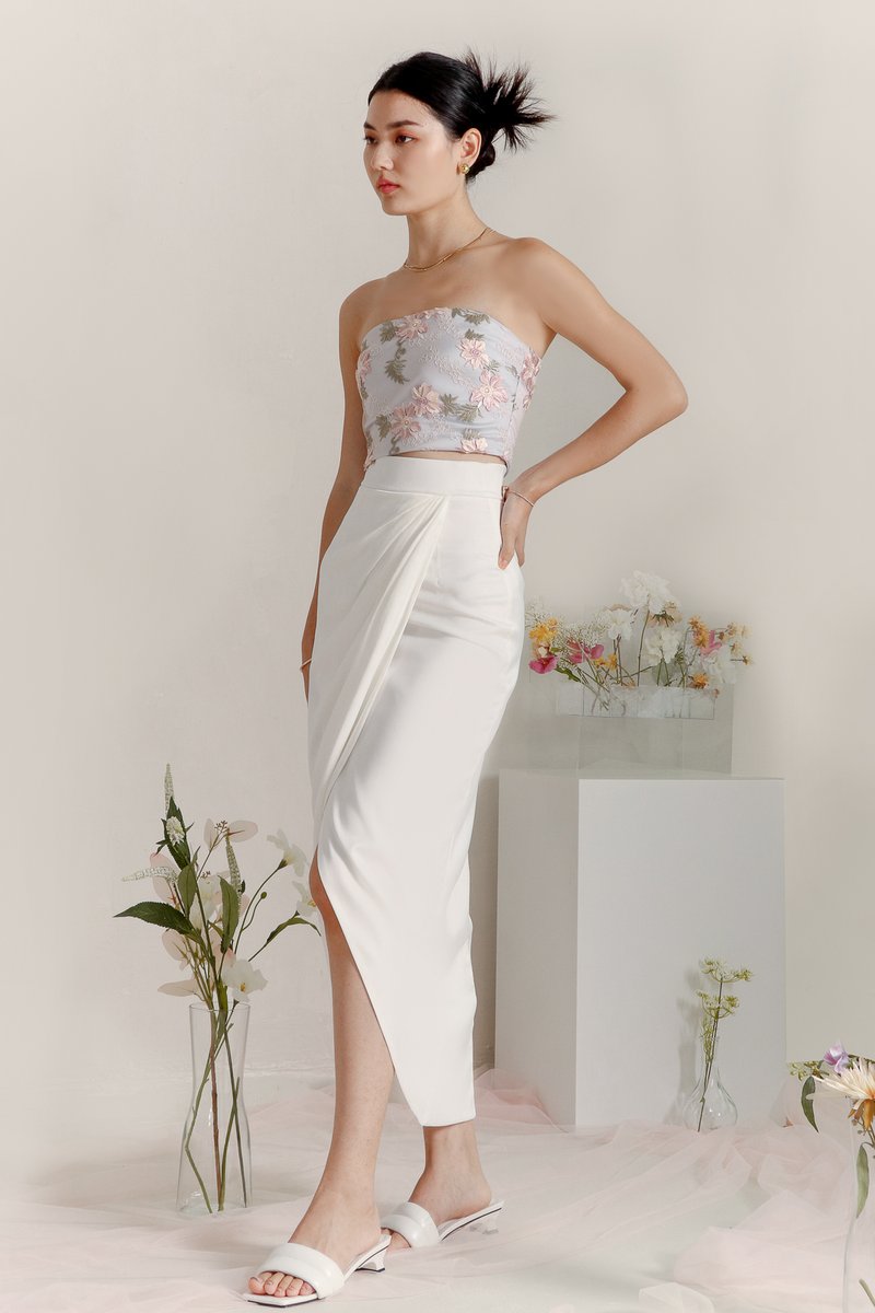 DEFECT | Deliana Drape Satin Midi in White in XS