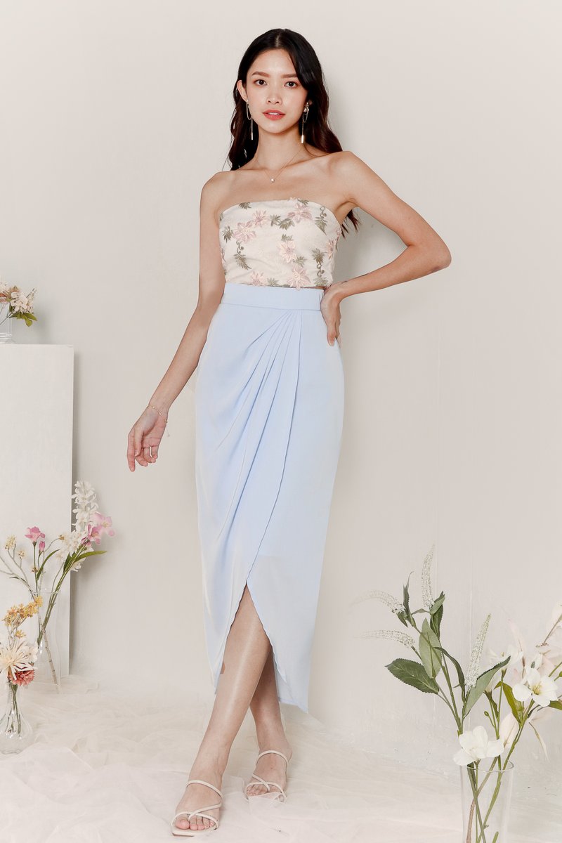 DEFECT | Deliana Drape Satin Midi in Pastel Blue in S