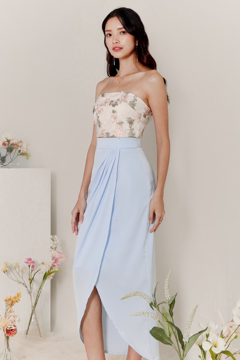 DEFECT | Deliana Drape Satin Midi in Pastel Blue in XL