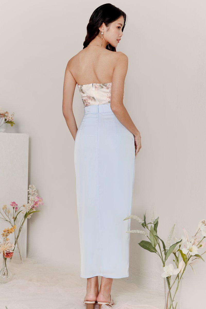DEFECT | Deliana Drape Satin Midi in Pastel Blue in S