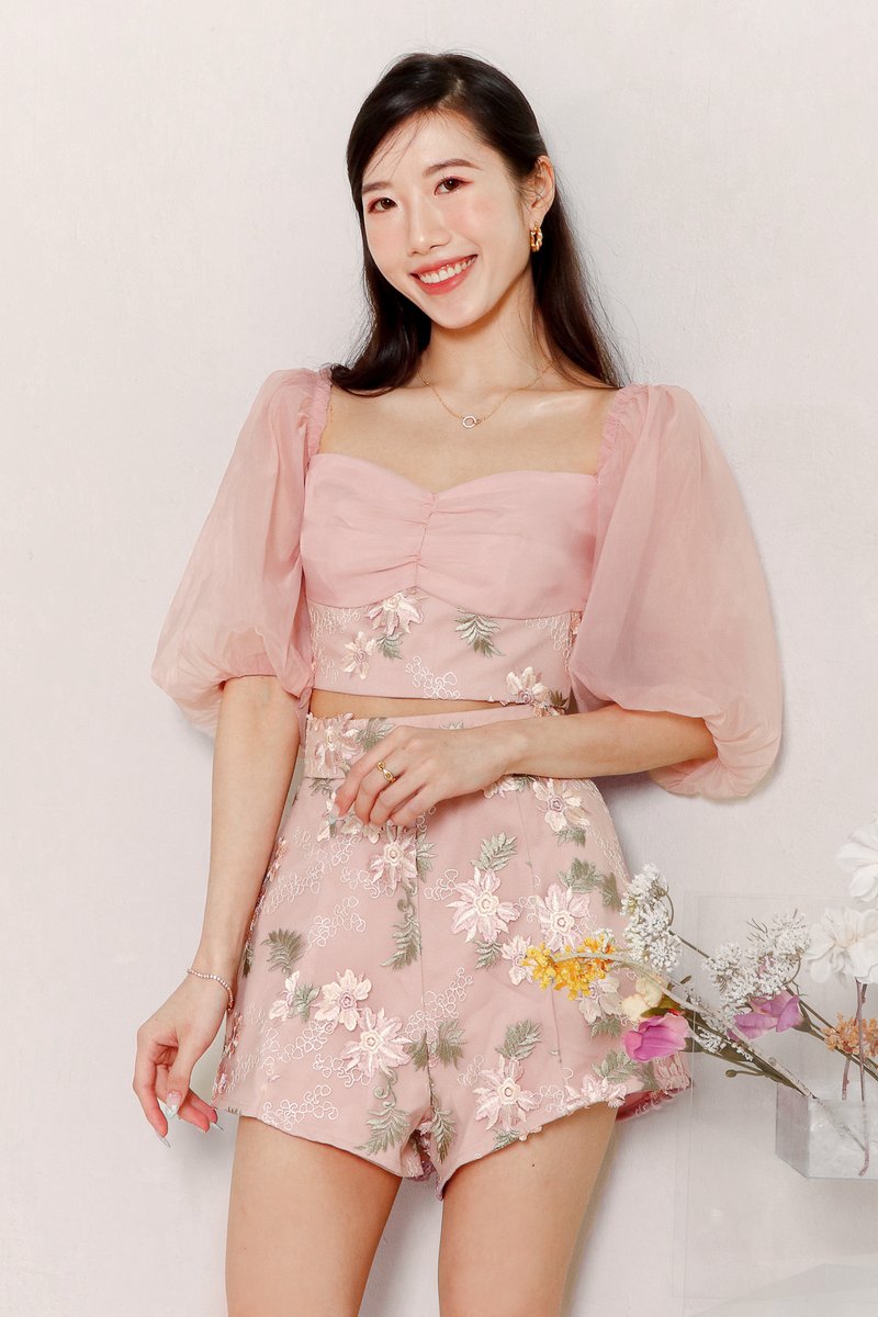 Eloise Embroidery Sleeved Top in Pink