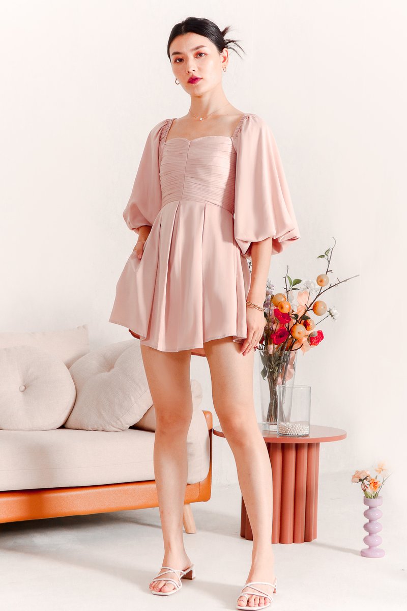 DEFECT | Petrine Pleat Sleeved Romper Dress in Pastel Pink in M