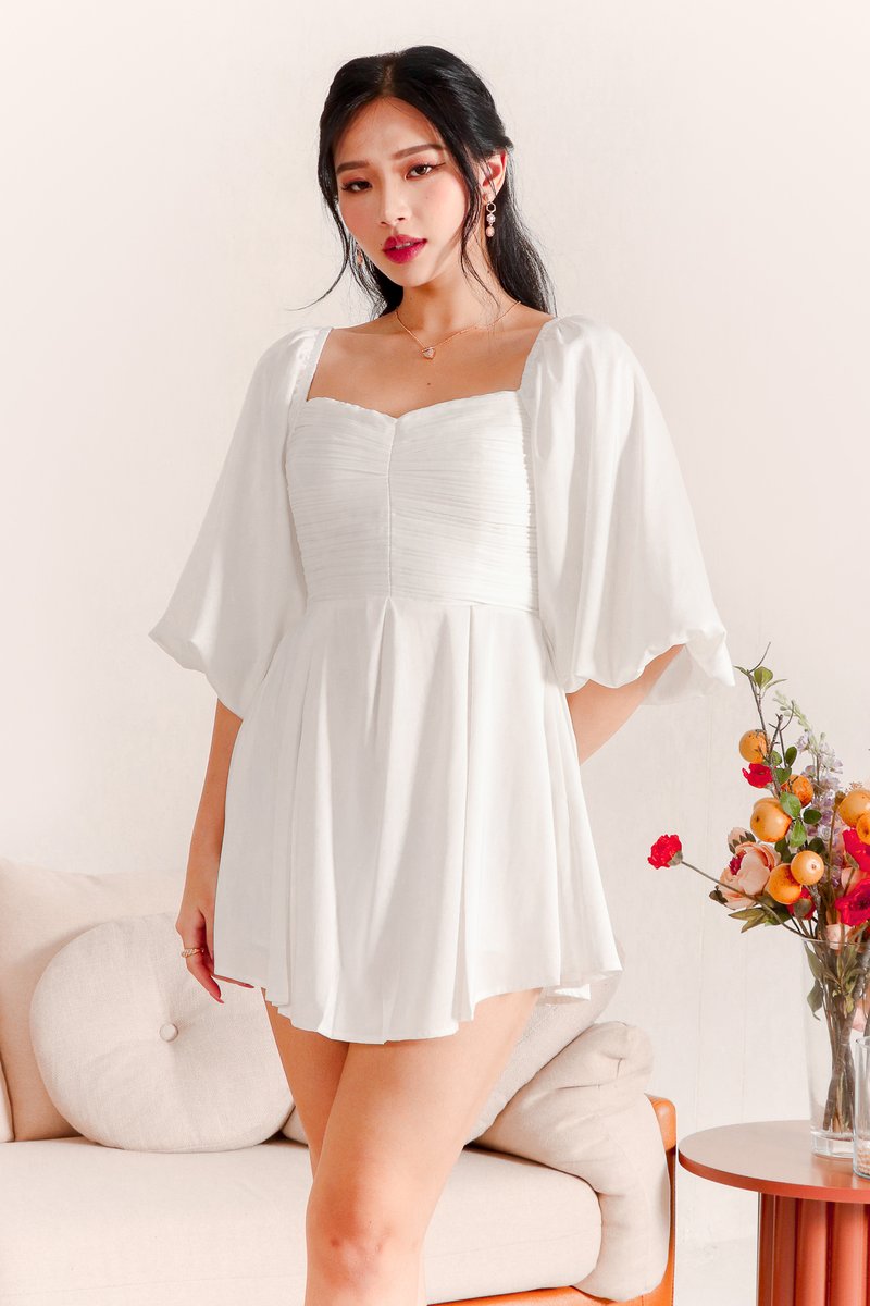 DEFECT | Petrine Pleat Sleeved Romper Dress in White in XS