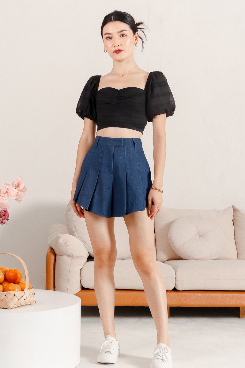 Piri Pleated Skorts in Mid Denim