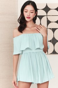 Praise Pleat Offshoulder Romper Dress in Light Tiffany Praise Pleat Offshoulder Romper Dress in Light Tiffany