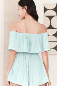 Praise Pleat Offshoulder Romper Dress in Light Tiffany Praise Pleat Offshoulder Romper Dress in Light Tiffany