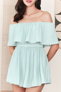 Praise Pleat Offshoulder Romper Dress in Light Tiffany Praise Pleat Offshoulder Romper Dress in Light Tiffany