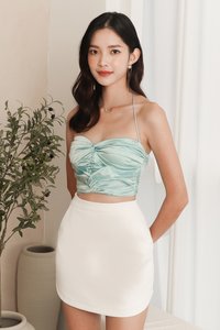 DEFECT | Kerin Knotted Satin Top in Teal Blue in XS DEFECT | Kerin Knotted Satin Top in Teal Blue in XS