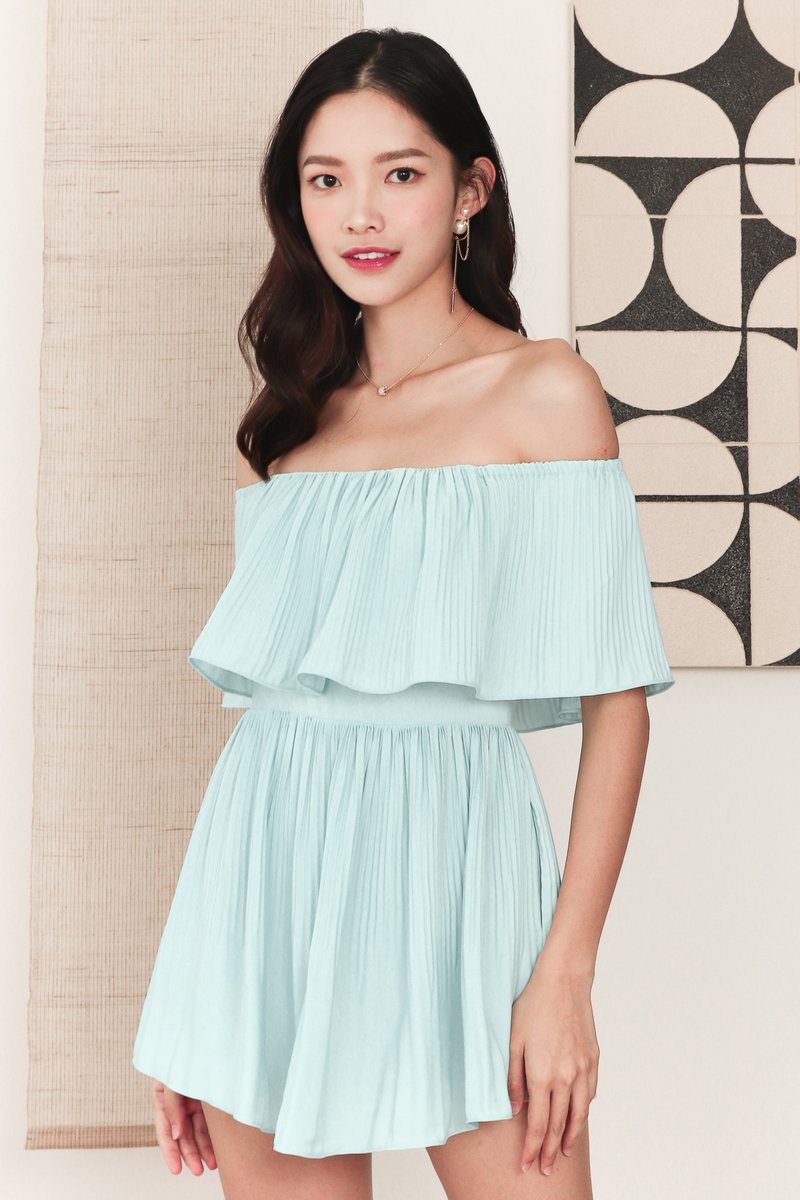 Praise Pleat Offshoulder Romper Dress in Light Tiffany