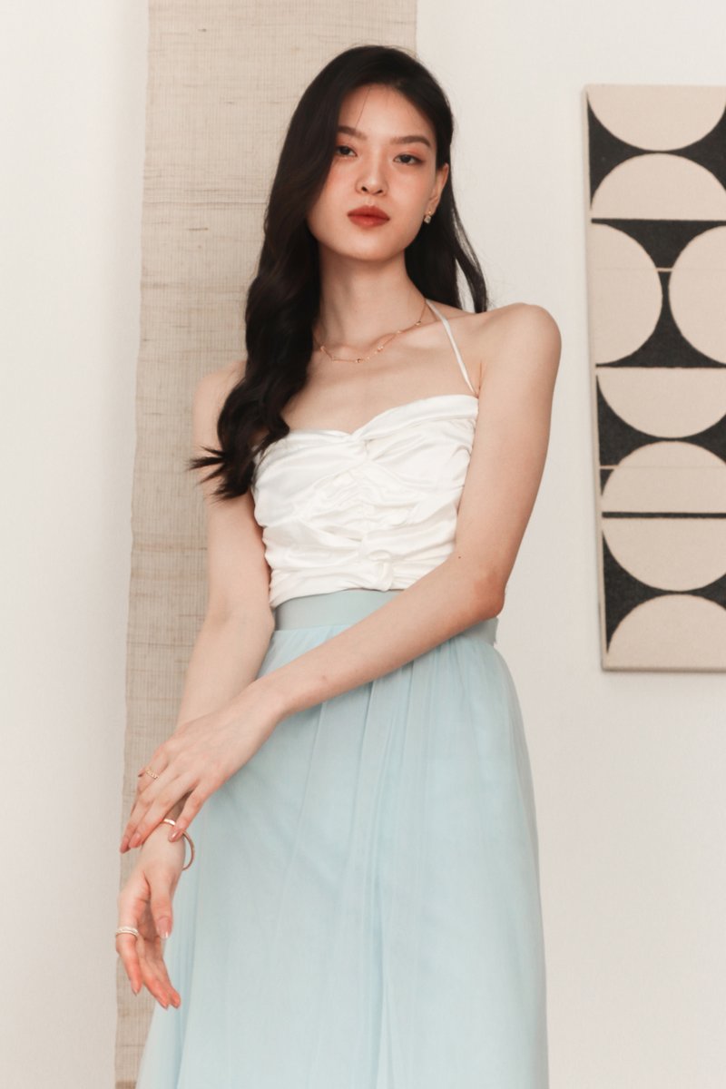 Kerin Knotted Satin Top in White