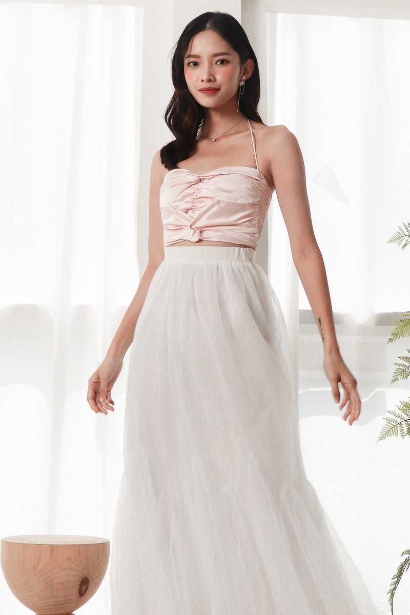 Kerin Knotted Satin Top in Pastel Pink
