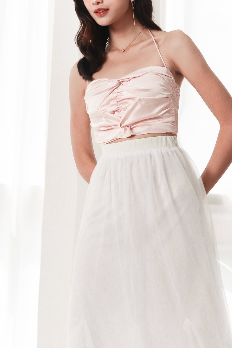Kerin Knotted Satin Top in Pastel Pink